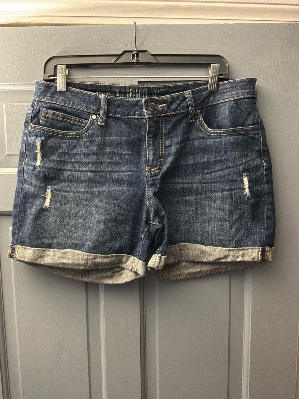Jennifer Lopez Dark Wash Denim Shorts - Rolled Hem Blue Jean Shorts